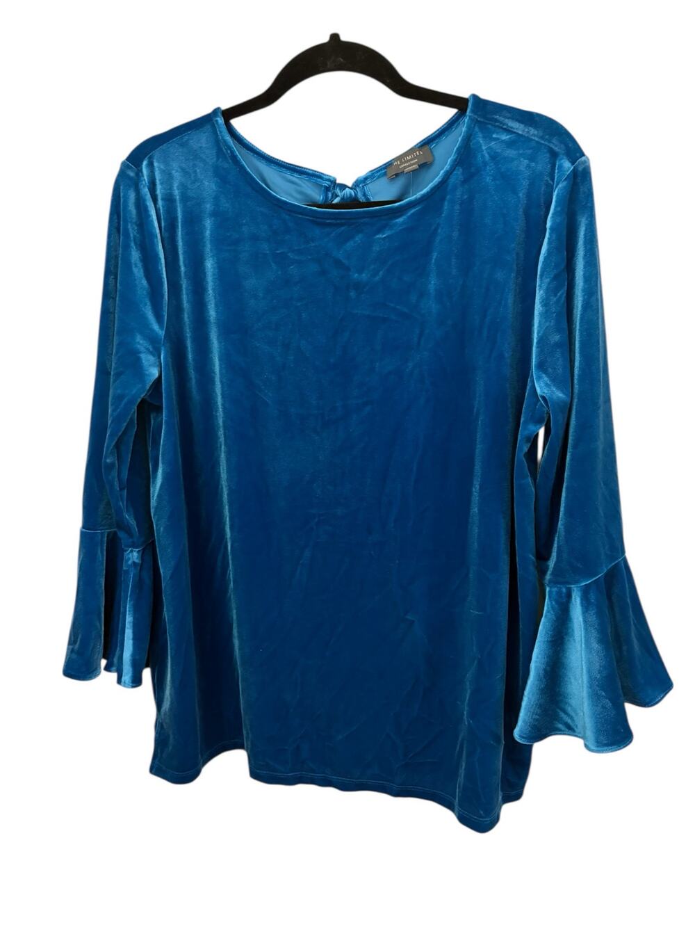 The Limited Mykonos Blue Crushed Velvet Blouse Top Bell Sleeve Ribbon Tie NEW